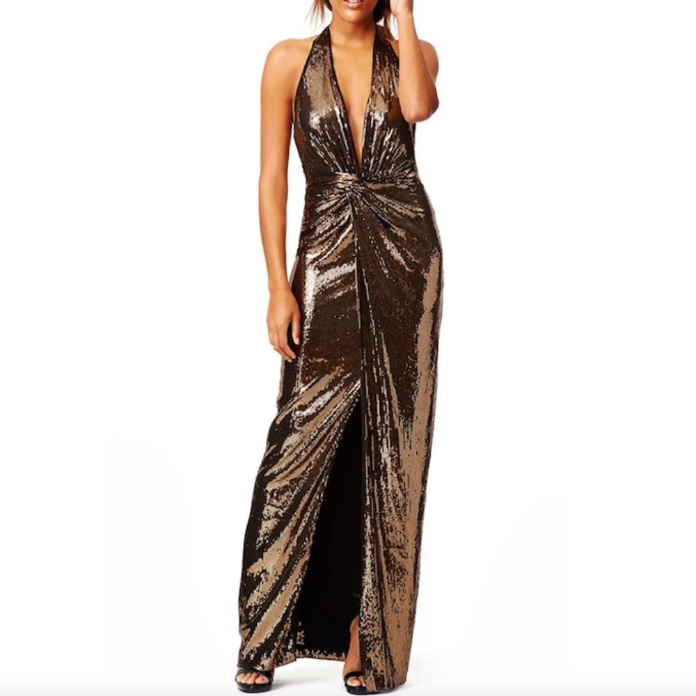 HALSTON Heritage Metallic Sequin Halter Gown with LOW Back XL - NWT! - Picture 4 of 11